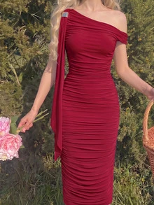 Skyraze Women's Solid Color Oblique Shoulder Ruffle Splice Flounce Slim Elegant Burgundy Midi Dress - Burgundy - View 2