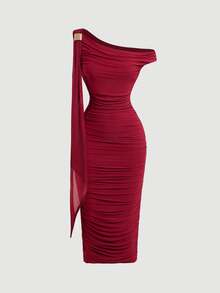 Skyraze Women's Solid Color Oblique Shoulder Ruffle Splice Flounce Slim Elegant Burgundy Midi Dress - Burgundy - View 3