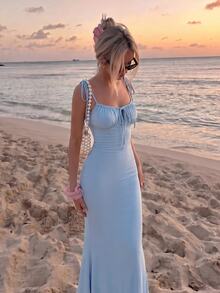 Skyraze Tie Front Ruched Bust Cami Dress,Pastel Dresses For Women - Baby Blue - View 1