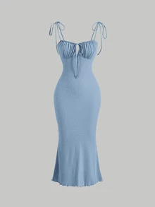 Skyraze Tie Front Ruched Bust Cami Dress,Pastel Dresses For Women - Baby Blue - View 3