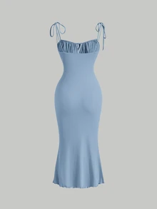Skyraze Tie Front Ruched Bust Cami Dress,Pastel Dresses For Women - Baby Blue - View 4