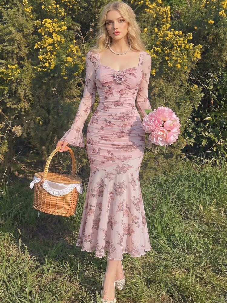 Skyraze Dusty Rose Fall Elegant Romantic Tea Party Garden Date Vintage Floral Pattern Bodycon Mermaid Dress For Women Long Sleeve Mesh Formal Outfits - Pink - View 1