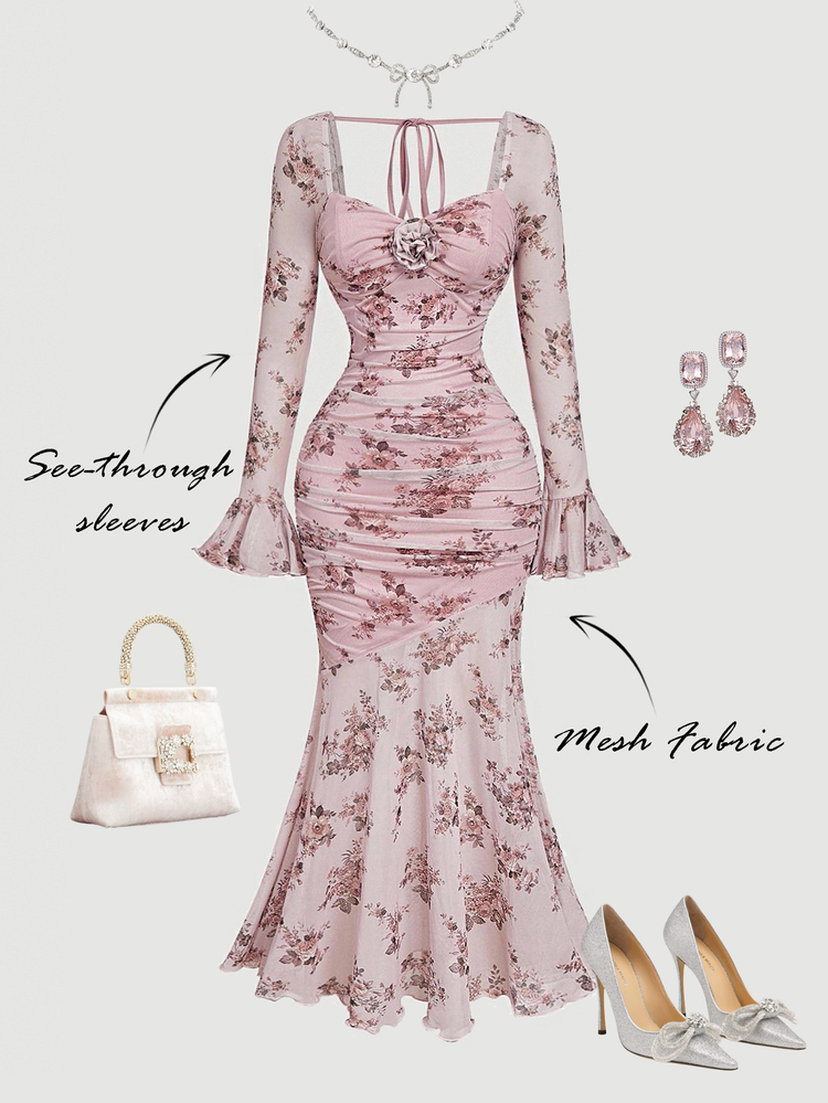 Skyraze Dusty Rose Fall Elegant Romantic Tea Party Garden Date Vintage Floral Pattern Bodycon Mermaid Dress For Women Long Sleeve Mesh Formal Outfits - Pink - View 3