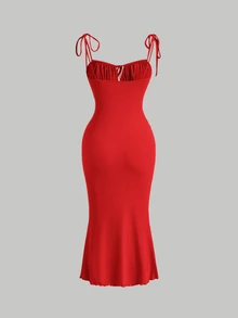 Skyraze Tie Shoulder Ruched Bust Mermaid Hem Cami Dress - Red - View 4