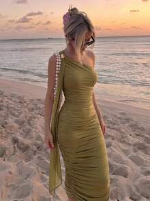 Skyraze Elegant Women's Summer Solid Color Asymmetric Neck Ruched Fitted Mid-Length Dress Green - Army Green - View 2