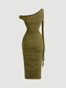 Skyraze Elegant Women's Summer Solid Color Asymmetric Neck Ruched Fitted Mid-Length Dress Green - Army Green - View 4