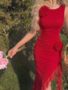 Skyraze Women's Solid Color Round Neck Bodycon Dress With 3D Flower And Asymmetrical Hem - Red - View 1