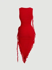 Skyraze Women's Solid Color Round Neck Bodycon Dress With 3D Flower And Asymmetrical Hem - Red - View 4