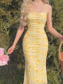 Skyraze Women's Vacation Floral Print Ruffle Hem Slip Dress - Ginger - View 2