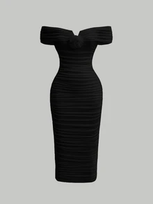 Skyraze Black Romantic Off Shoulder Ruched 3D Flower Women Long Bodycon Dress Elegant Evening Dress - Black - View 3