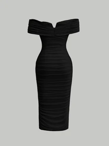 Skyraze Black Romantic Off Shoulder Ruched 3D Flower Women Long Bodycon Dress Elegant Evening Dress - Black - View 4