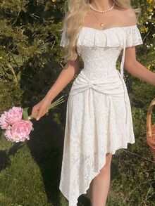 Skyraze 1pc White Elegant Summer Date Off Shoulder Ruffled Tie-Up Waist Asymmetrical Hem Textured Solid Color Dress, Wedding Guest Graduation Dress - Apricot - View 2
