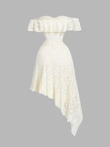 Skyraze 1pc White Elegant Summer Date Off Shoulder Ruffled Tie-Up Waist Asymmetrical Hem Textured Solid Color Dress, Wedding Guest Graduation Dress - Apricot - View 4