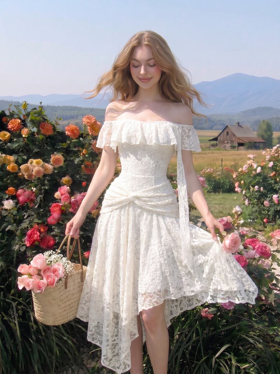 Skyraze 1pc White Elegant Summer Date Off Shoulder Ruffled Tie-Up Waist Asymmetrical Hem Textured Solid Color Dress, Wedding Guest Graduation Dress - Apricot - View 1