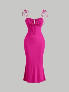 Skyraze Tie Front Ruched Bust Tie Shoulder Cami Dress - Hot Pink - View 3