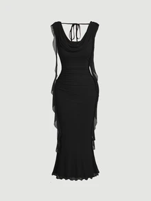 Skyraze Black Plunging Neck Flowy Tie Waist Cut Out Mid-Length Dress For Women - Black - View 3