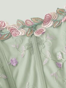 Skyraze Women's Floral Embroidery Ruched Design Fitted Elegant Mid-Length Dress,Summer Dresses For Women - Mint Green - View 5