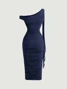 Skyraze Women's Fashionable Elegant Romantic Ruched Asymmetric Navy Midi Dress - Navy Blue - View 4