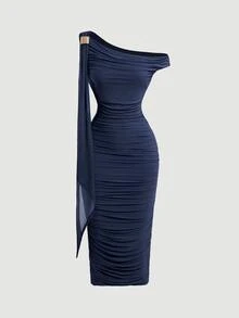 Skyraze Women's Fashionable Elegant Romantic Ruched Asymmetric Navy Midi Dress - Navy Blue - View 3