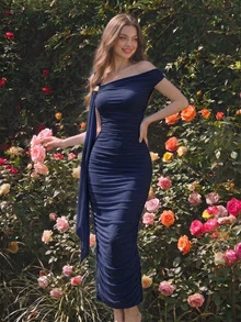 Skyraze Women's Fashionable Elegant Romantic Ruched Asymmetric Navy Midi Dress - Navy Blue - View 1