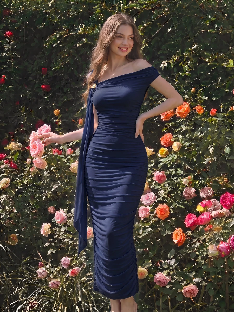 Skyraze Women's Fashionable Elegant Romantic Ruched Asymmetric Navy Midi Dress - Navy Blue - View 1
