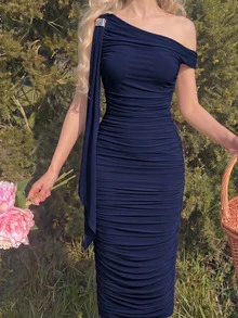 Skyraze Women's Fashionable Elegant Romantic Ruched Asymmetric Navy Midi Dress - Navy Blue - View 2