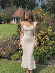 Skyraze Party Dress With Swollen Collar And Fungus Streamers Decorated Apricot Tight Long Summer Mid-Length Prom Date Elegant Flowing - Apricot - View 1