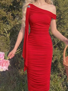 Skyraze Women's Fitted Asymmetric Shoulder Ruched Metal Buckle Decor Mid-Length Dress,Fall Wedding Guest Dress,Formal Dresses For Wedding Guest - Red - View 2
