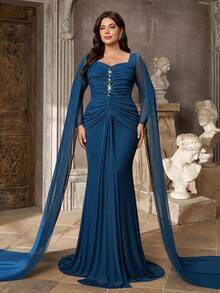 Aureia Plus Size Elegant Glamorous Peacock Blue Square Neck Long Flutter Sleeve Rhinestone Embellished Ruched Slimming Fitted Mermaid Tail Train Formal Evening Gown For Gala Ball Birthday Party Wedding Event Women's Formal Dinner Dress - Peacock Blue - View 9