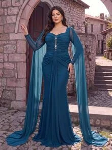 Aureia Plus Size Elegant Glamorous Peacock Blue Square Neck Long Flutter Sleeve Rhinestone Embellished Ruched Slimming Fitted Mermaid Tail Train Formal Evening Gown For Gala Ball Birthday Party Wedding Event Women's Formal Dinner Dress - Peacock Blue - View 7