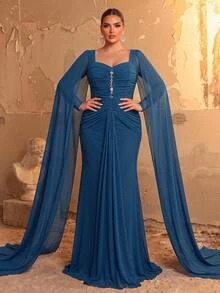 Aureia Plus Size Elegant Glamorous Peacock Blue Square Neck Long Flutter Sleeve Rhinestone Embellished Ruched Slimming Fitted Mermaid Tail Train Formal Evening Gown For Gala Ball Birthday Party Wedding Event Women's Formal Dinner Dress - Peacock Blue - View 3