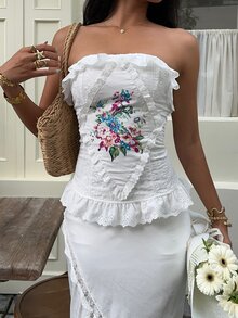 Sunnyshic Elegant Floral Print Backless Embroidery Camisole Top - Multicolor - View 8