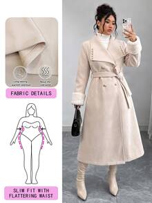 Elenzga Plus Size Women's Fall New Double-Sided Overcoat, Long Premium Elegant Belted Wool Jacket, Metal Decor Button Design, Evening Formal Occasions, White - Apricot - View 8