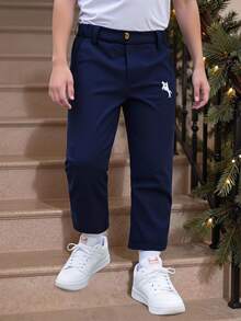 SHEIN Young Boy Casual Solid Color Pants, Fall Back-To-School, Single Button Decor, Slant Pockets, Elastic Waist Design, Party Beach Swim Kindergarten White - Navy Blue - View 1