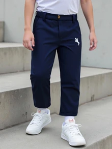 SHEIN Young Boy Casual Solid Color Pants, Fall Back-To-School, Single Button Decor, Slant Pockets, Elastic Waist Design, Party Beach Swim Kindergarten White - Navy Blue - View 7