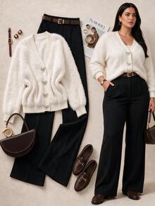 Grovea Plus Size Bow Decor Fluffy V-Neck Long Sleeve Knit Cardigan, Soft Fuzzy Sweater Jacket For Fall Formal Date Night Party Wedding Guest White Elegant - White - View 8