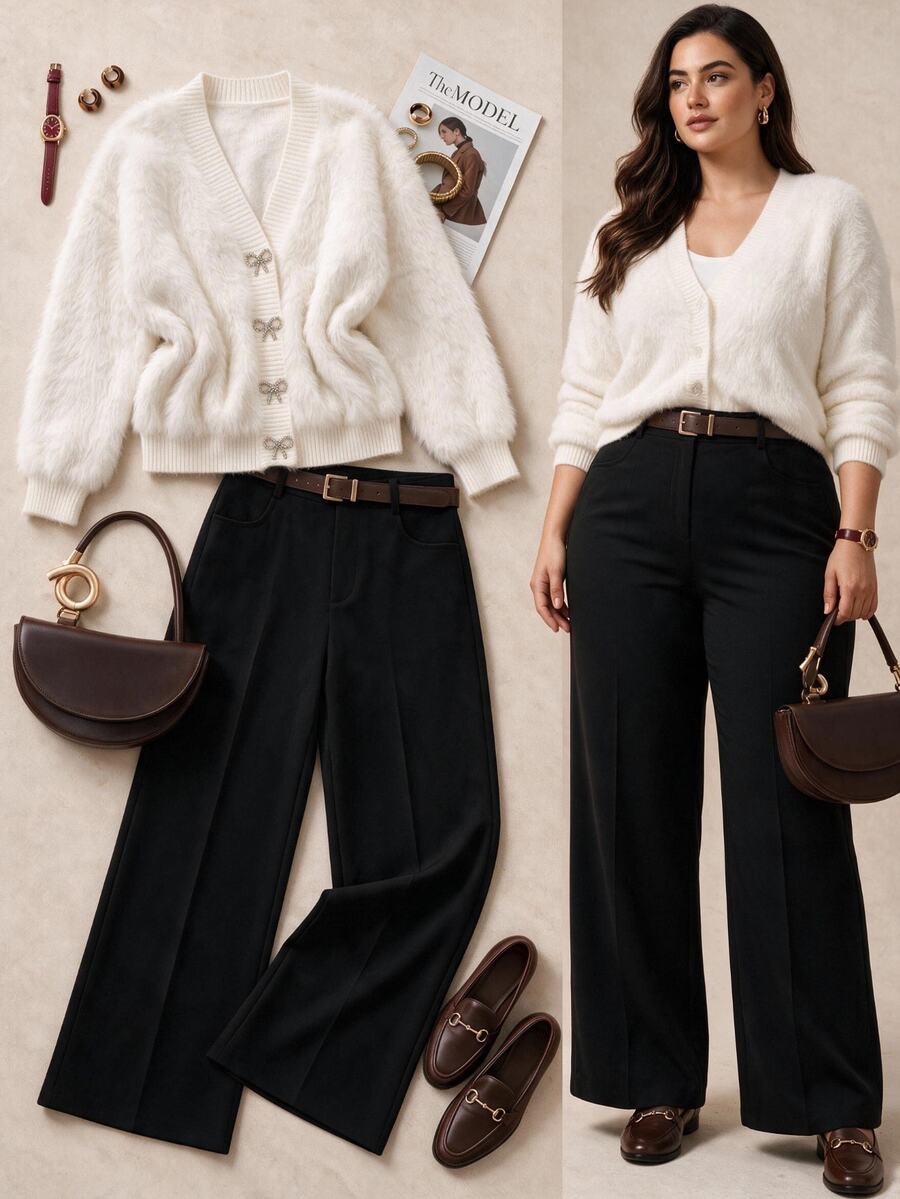 Grovea Plus Size Bow Decor Fluffy V-Neck Long Sleeve Knit Cardigan, Soft Fuzzy Sweater Jacket For Fall Formal Date Night Party Wedding Guest White Elegant - White - View 1