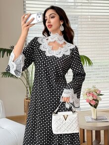 Yasmyna 優雅蕾絲拼接波點收腰腰帶長袖大裙擺女款阿拉伯風洋裝 波點洋裝 沙烏地阿拉伯國慶日優雅款 - 黑色 - 查看 6