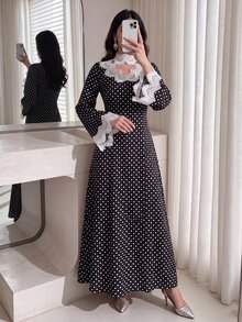 Yasmyna 優雅蕾絲拼接波點收腰腰帶長袖大裙擺女款阿拉伯風洋裝 波點洋裝 沙烏地阿拉伯國慶日優雅款 - 黑色 - 查看 4