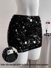 Comfortcana Plus Size Autumn/Winter Party Black Versatile Sequin Bodycon Mini Skirt With Lining Christmas - Black - View 6