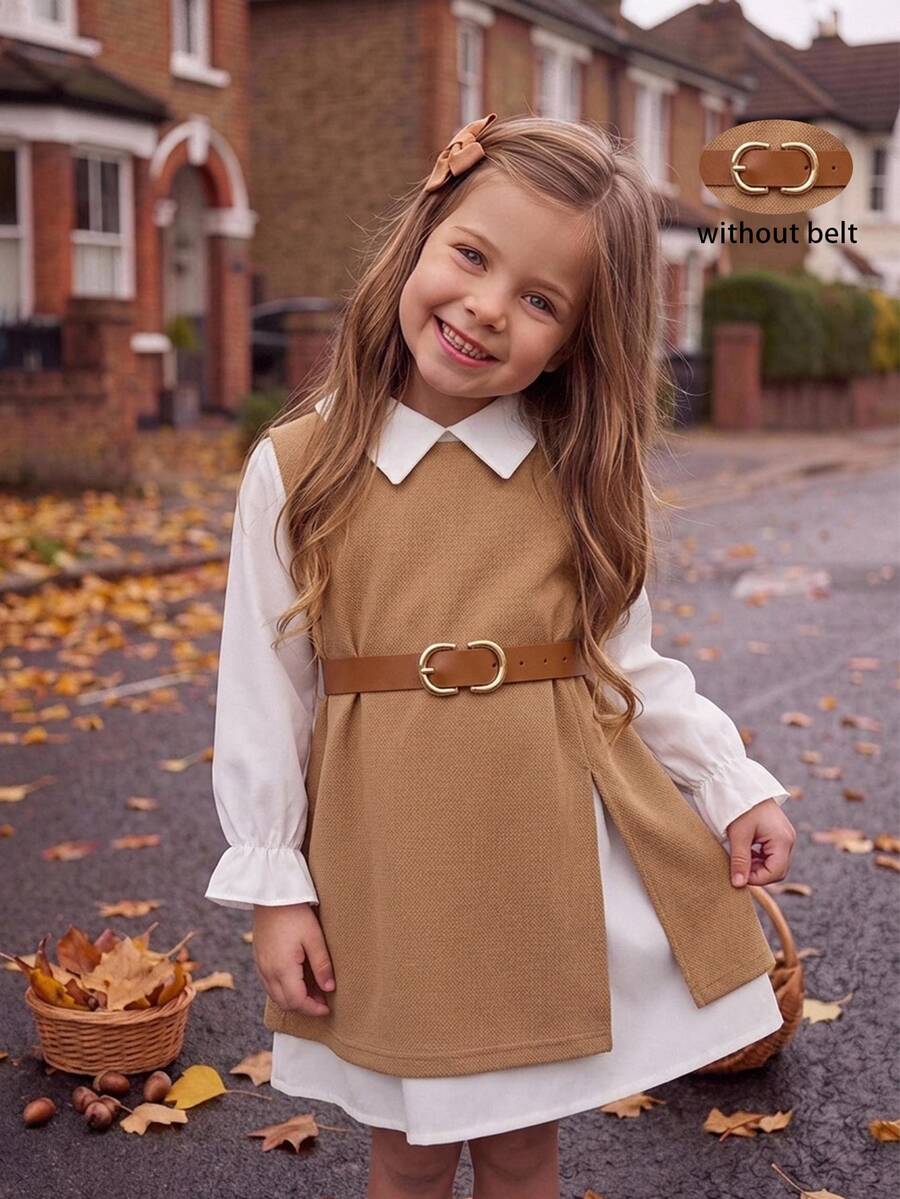 Emery Rose Kids Emery Rose Kids 女童小女孩秋季簡約咖啡色寬鬆百搭襯衫洋裝,溫柔風休閒時尚秋季風格秋冬日常農場穿搭 - 卡其色 - 查看 1