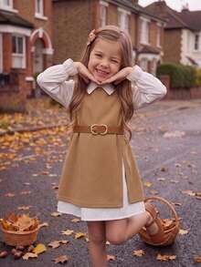 Emery Rose Kids Emery Rose Kids 女童小女孩秋季簡約咖啡色寬鬆百搭襯衫洋裝，溫柔風休閒時尚秋季風格秋冬日常農場穿搭 - 卡其色 - 查看 2