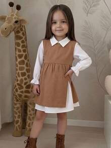 Emery Rose Kids Emery Rose Kids 女童小女孩秋季簡約咖啡色寬鬆百搭襯衫洋裝，溫柔風休閒時尚秋季風格秋冬日常農場穿搭 - 卡其色 - 查看 7