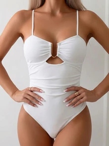 SHEIN Swim Basics 夏季沙滩纯色吊带连体泳衣 白色泳衣 - 白色 - 查看 5