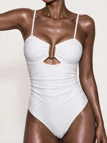 SHEIN Swim Basics 夏季沙滩纯色吊带连体泳衣 白色泳衣 - 白色 - 查看 1