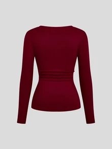 Sweetra Christmas Women's Lace Trim Mandarin Collar Long Sleeve Solid Color T-Shirt Fall - Burgundy - View 2