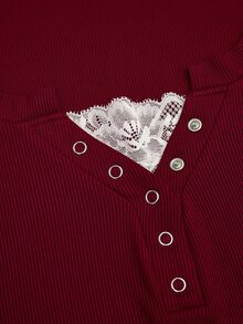 Sweetra Christmas Women's Lace Trim Mandarin Collar Long Sleeve Solid Color T-Shirt Fall - Burgundy - View 7