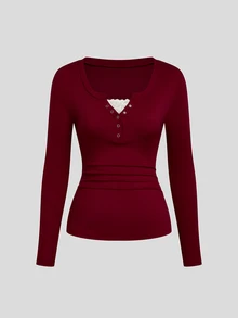 Sweetra Christmas Women's Lace Trim Mandarin Collar Long Sleeve Solid Color T-Shirt Fall - Burgundy - View 3