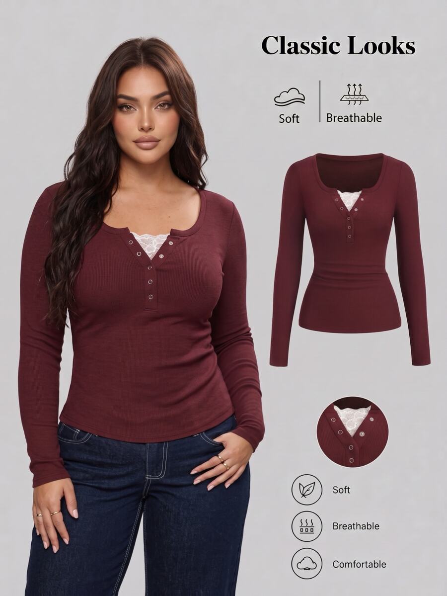 Sweetra Christmas Women's Lace Trim Mandarin Collar Long Sleeve Solid Color T-Shirt Fall - Burgundy - View 1