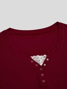 Sweetra Christmas Women's Lace Trim Mandarin Collar Long Sleeve Solid Color T-Shirt Fall - Burgundy - View 6